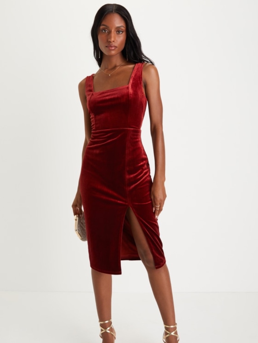 Lulus Baby, You're The One Rust Red Velvet Sleeveless Midi Dress - Size S